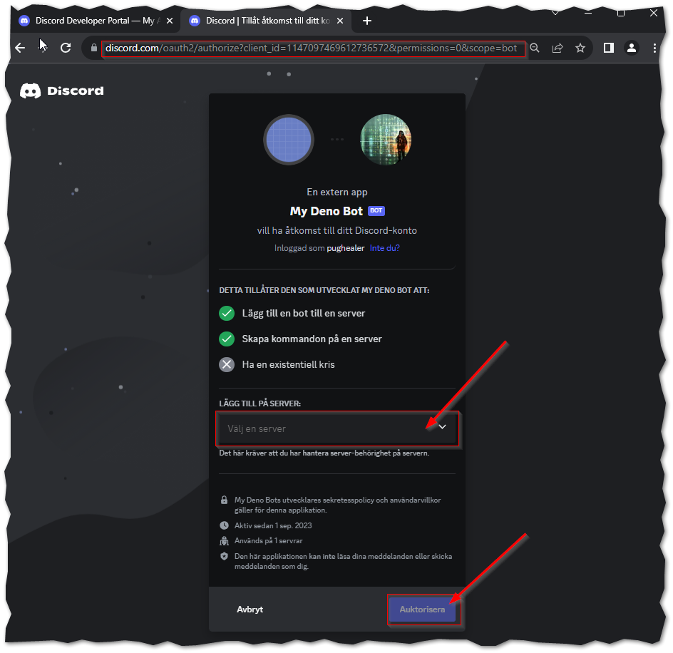 An image showing how it looks when you issue the URL to add the bot to a server