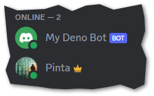Image showing a discord member list with the Deno bot online